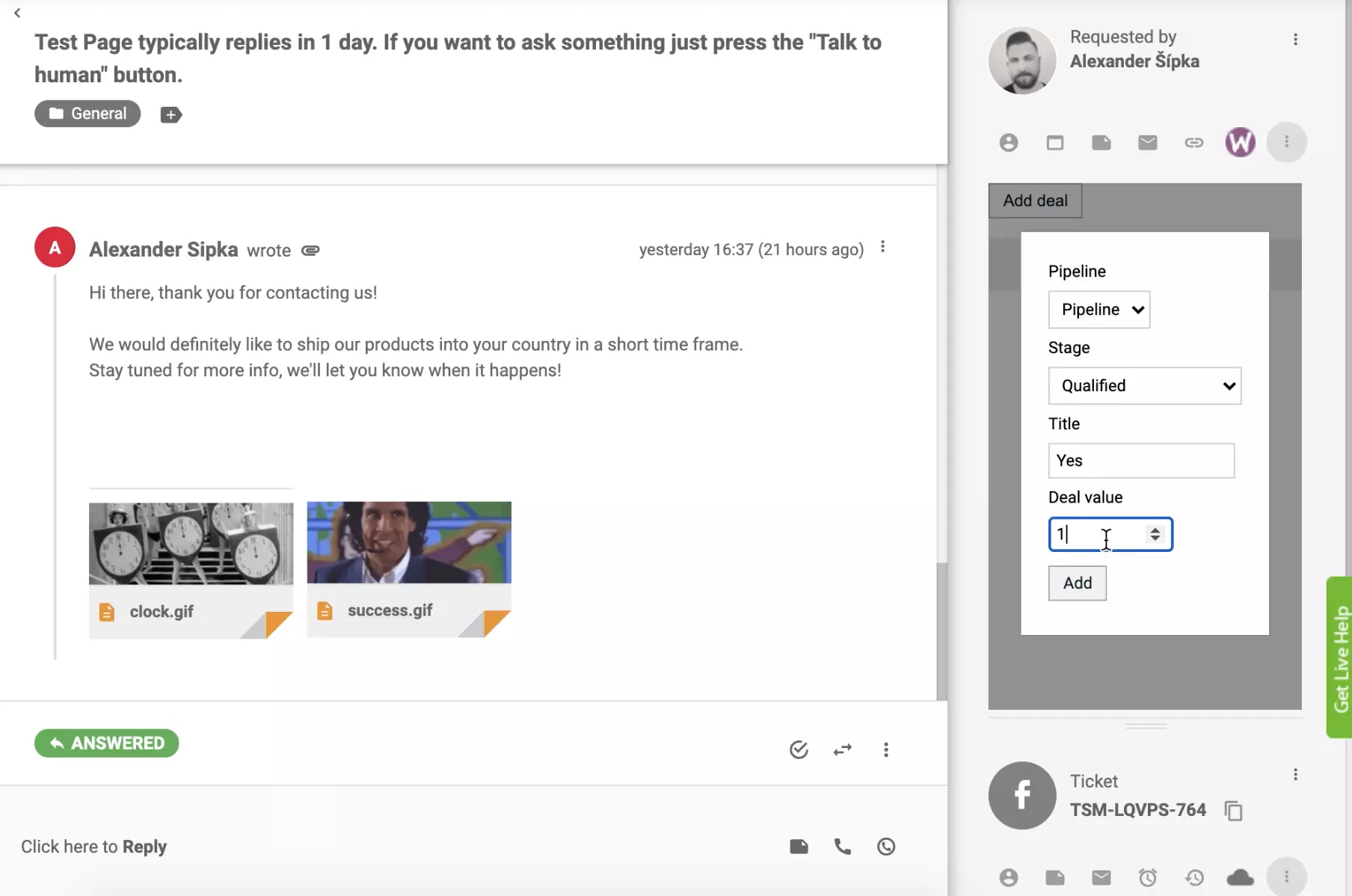 Dodajte dogovor s PipeDrive CRM integracijom u prikazu kartice LiveAgenta