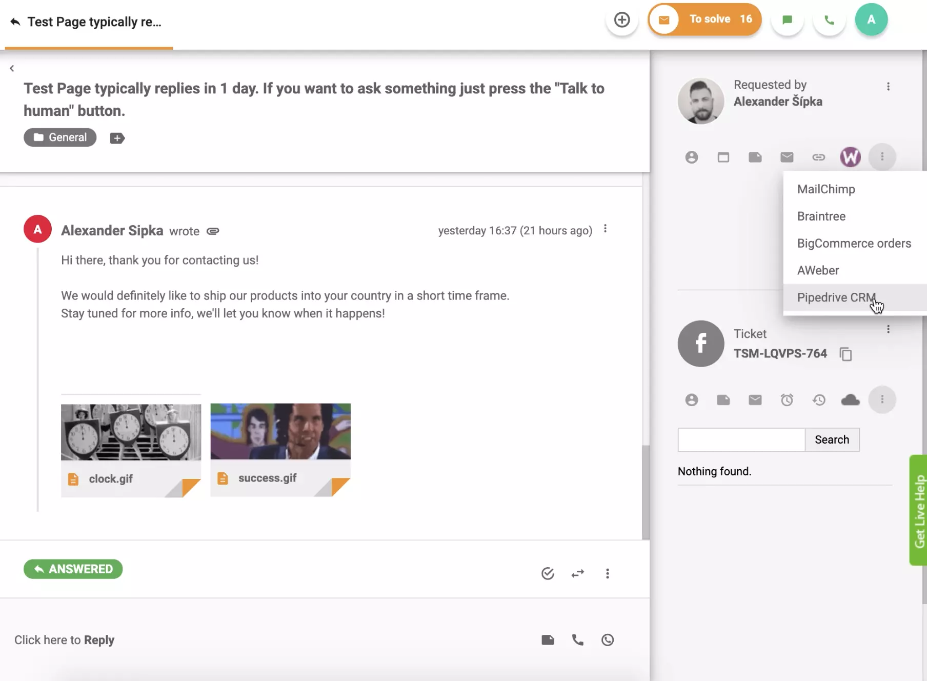 PipeDrive CRM je aktivan u prikazu kartice LiveAgenta