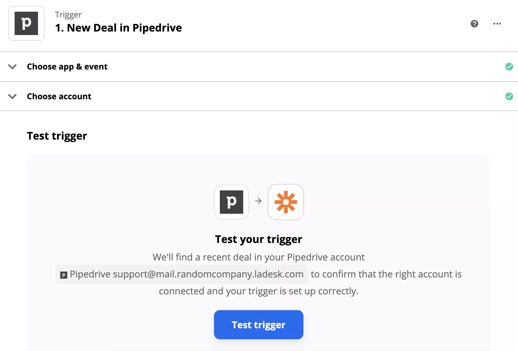 PipeDrive okidač test nakon postavljanja okidača na Zapier
