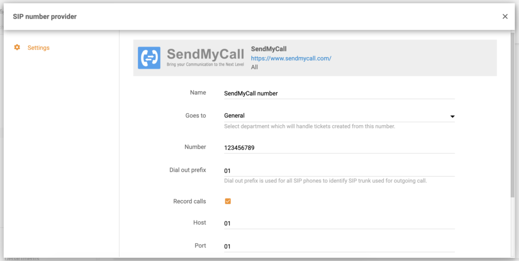 SendMyCall number configuration in LiveAgent