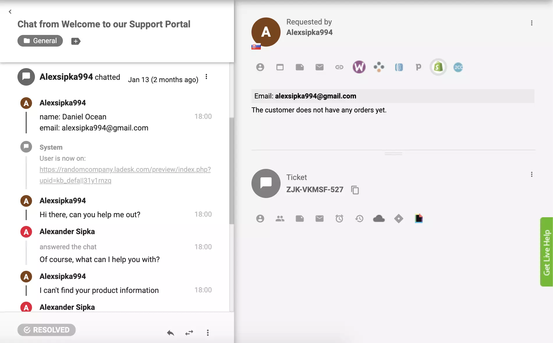 Shopify dodatak je aktivan u LiveAgent i narudžbe kupaca mogu biti vidljive iz prikaza karte