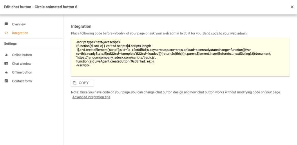 Kod integracije gumba za Silverstripe chat u LiveAgent-u