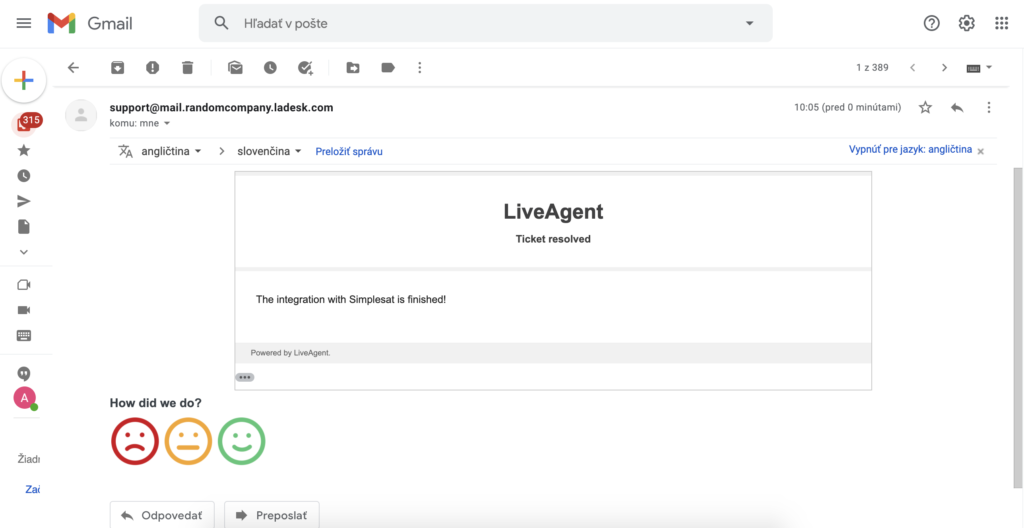 LiveAgent poruka s Simplesat povratnom informacijom u Gmail inboxu