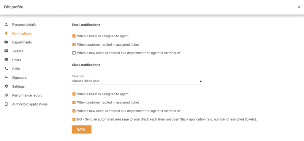 Opcije Slack obavijesti u odjeljku Uredi profil