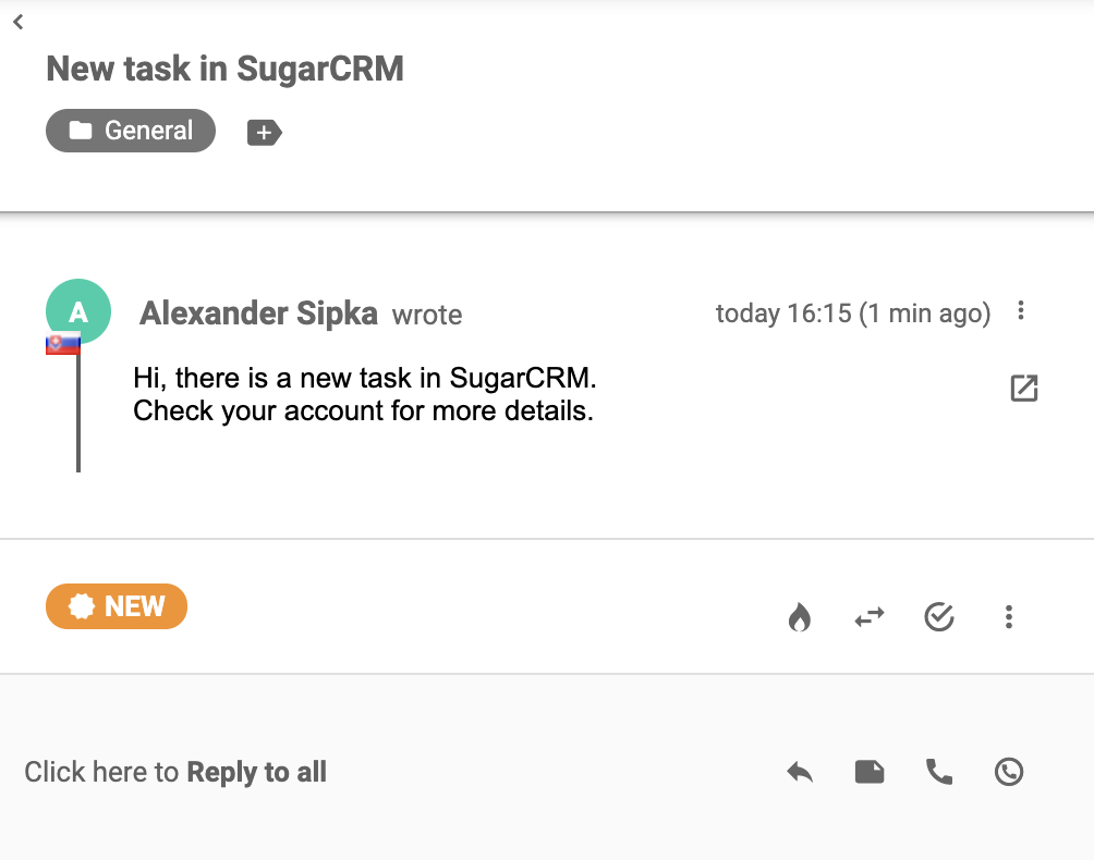 Kartica koja je stigla u LiveAgent nakon uspješne integracije sa SugarCRM-om