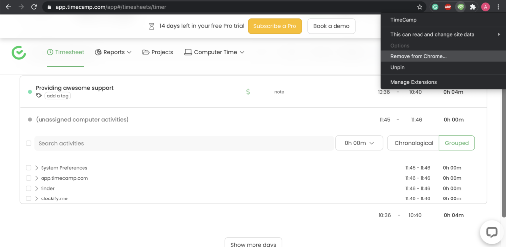 Opcije Timecamp dodatka u Google Chromeu