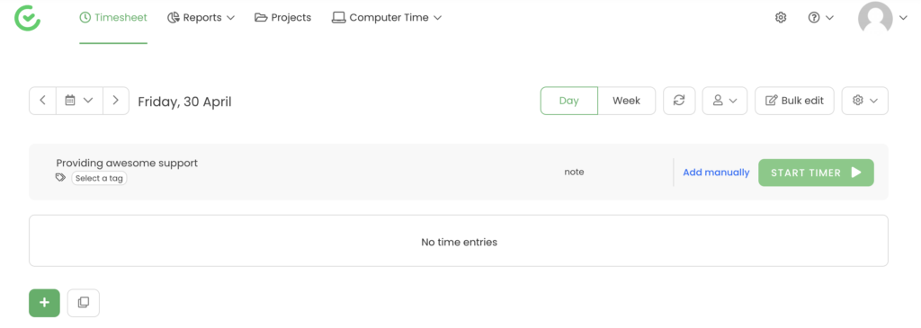 Odabir projekta TimeCamp s pokretanjem mjerača vremena