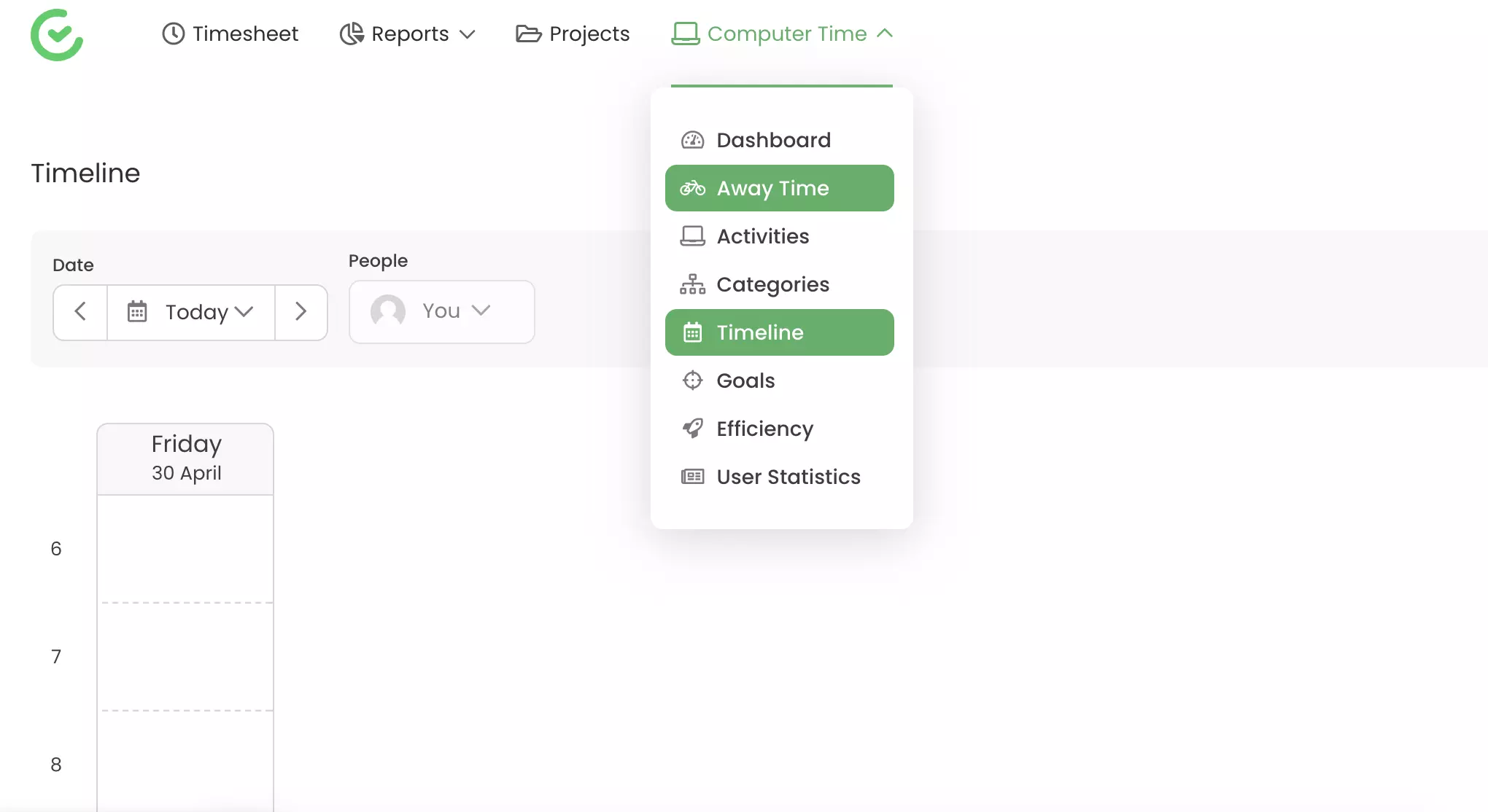 Mogućnosti praćenja kao što su vrijeme odsutnosti i vremenska crta vidljive u TimeCampu