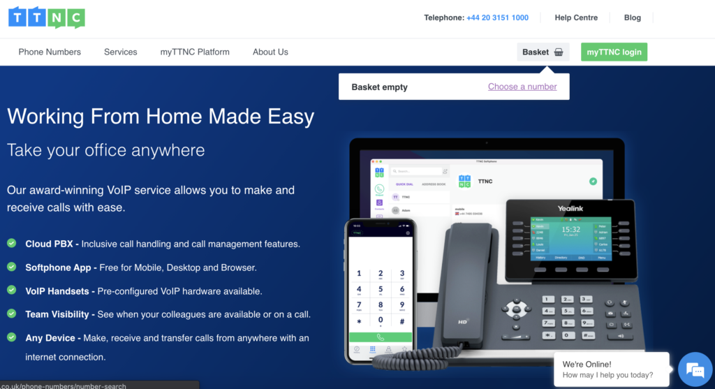 TTNC web stranica s opcijom basket i choose a number u gornjem desnom kutu
