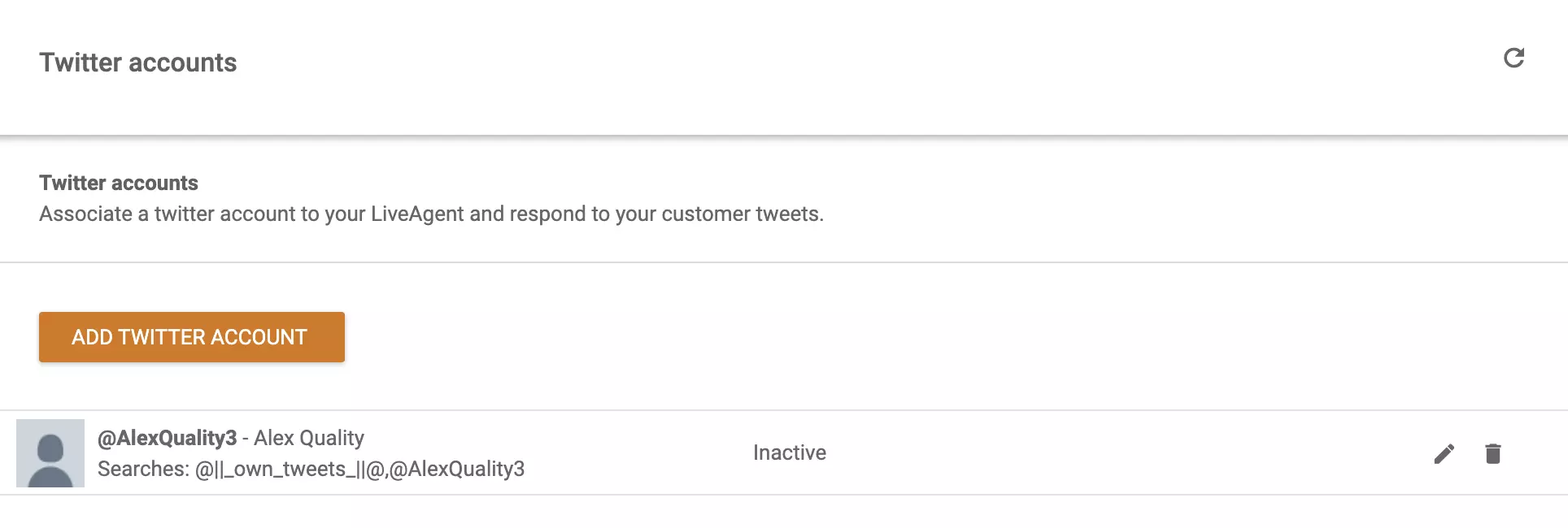 Slika računa povezanih s LiveAgent-om i opcija dodavanja drugog Twitter (X) računa na popis