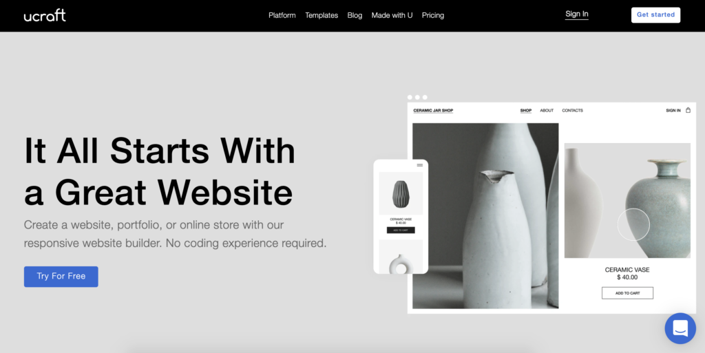 Početna stranica Ucrafta s gumbom Get Started u gornjem desnom kutu