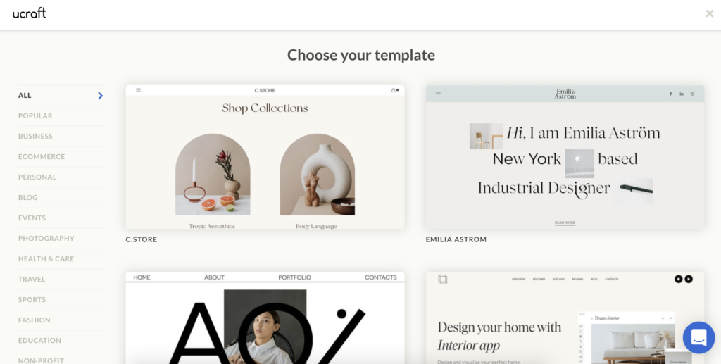 Ekran za odabir predložaka na Ucraftu s više opcija predložaka