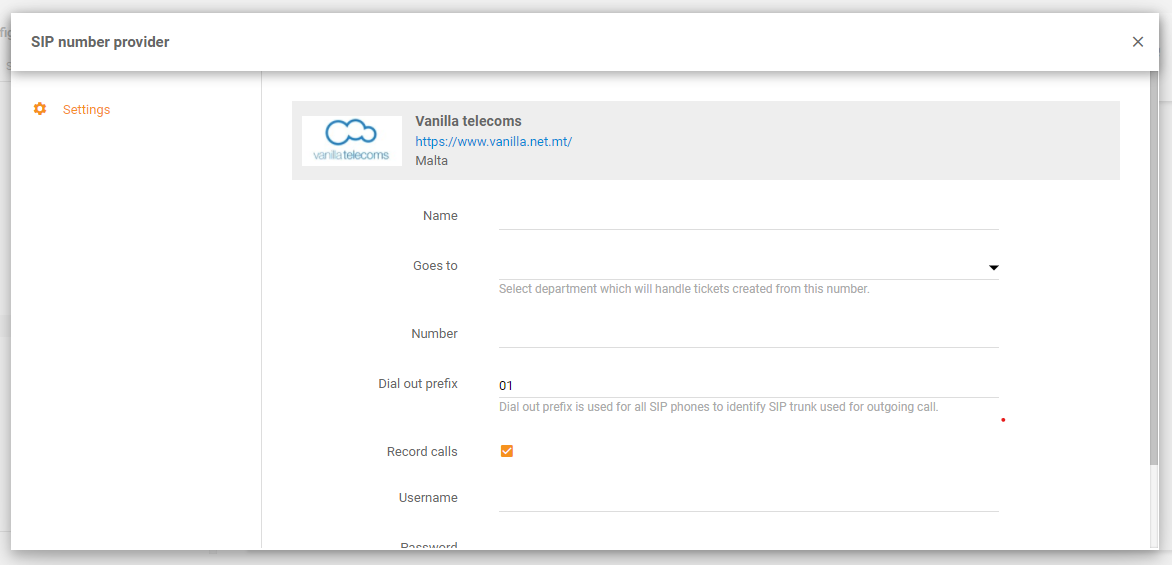 Vanilla Telecoms integracija u LiveAgent-u