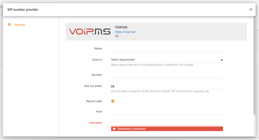 VoIP.ms konfiguracija u LiveAgent postavkama poziva