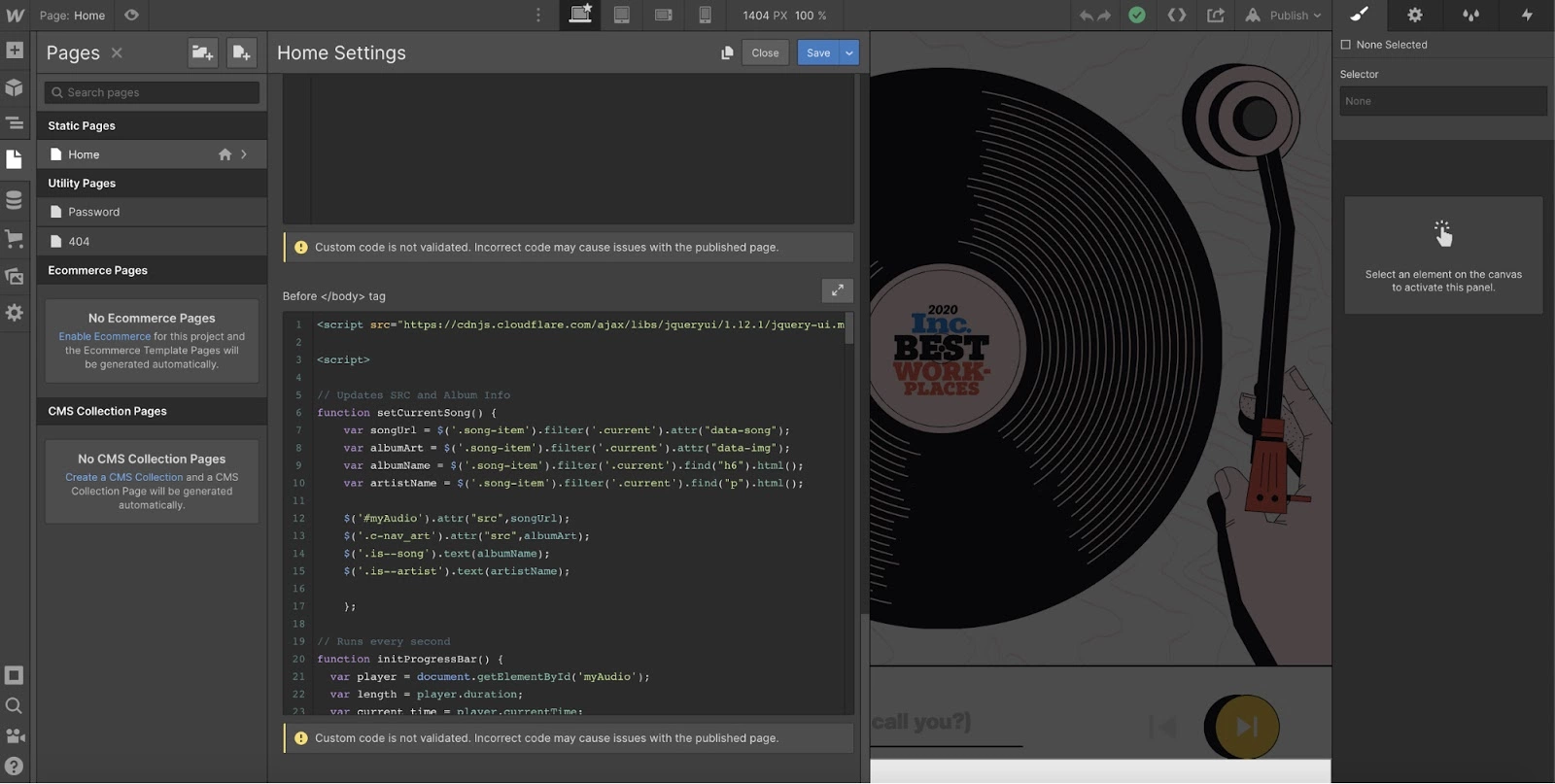 Webflow opcija prilagođenog koda u procesu integracije LiveAgenta