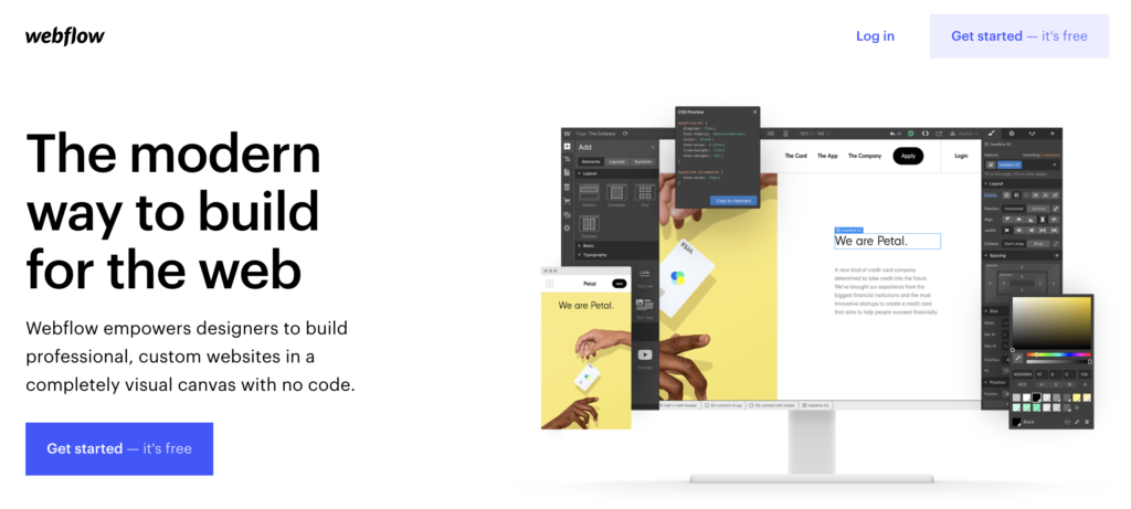 Webflow početna stranica s opcijom verzije za pokušaj u gornjem desnom kutu