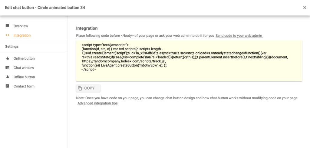 Kod chat gumba nakon uspješne konfiguracije u LiveAgentu