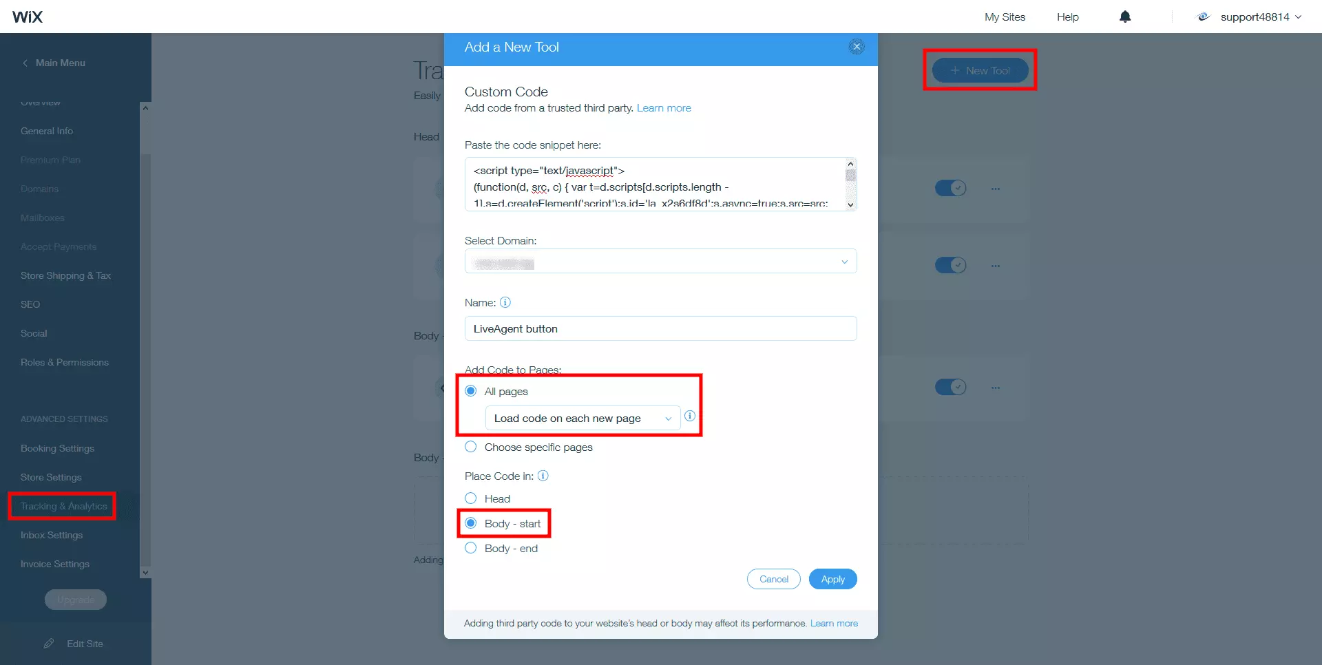 Postavite LiveAgent kod za live chat u tijelo Wix stranice