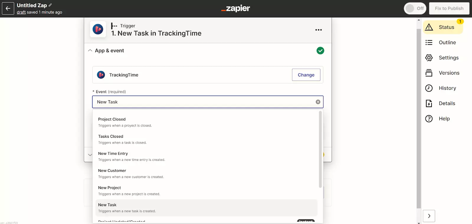 Zapier - novi zadatak u TrackingTimeu
