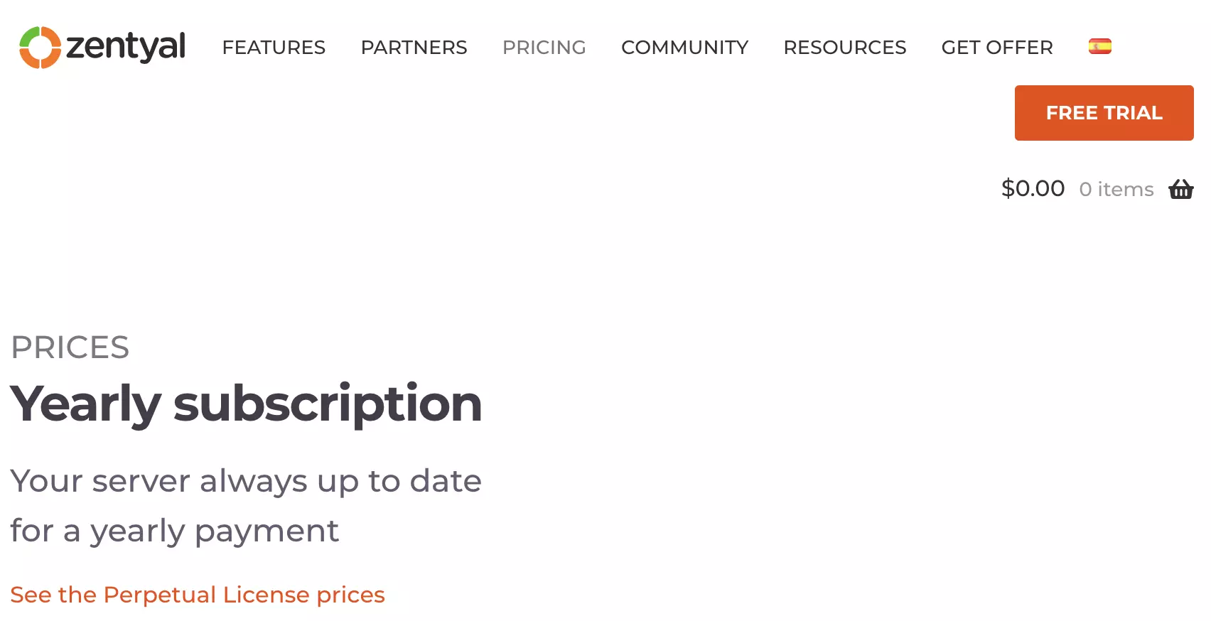 Odjeljak Zentyal plaćenih planova na Zentyal web mjestu