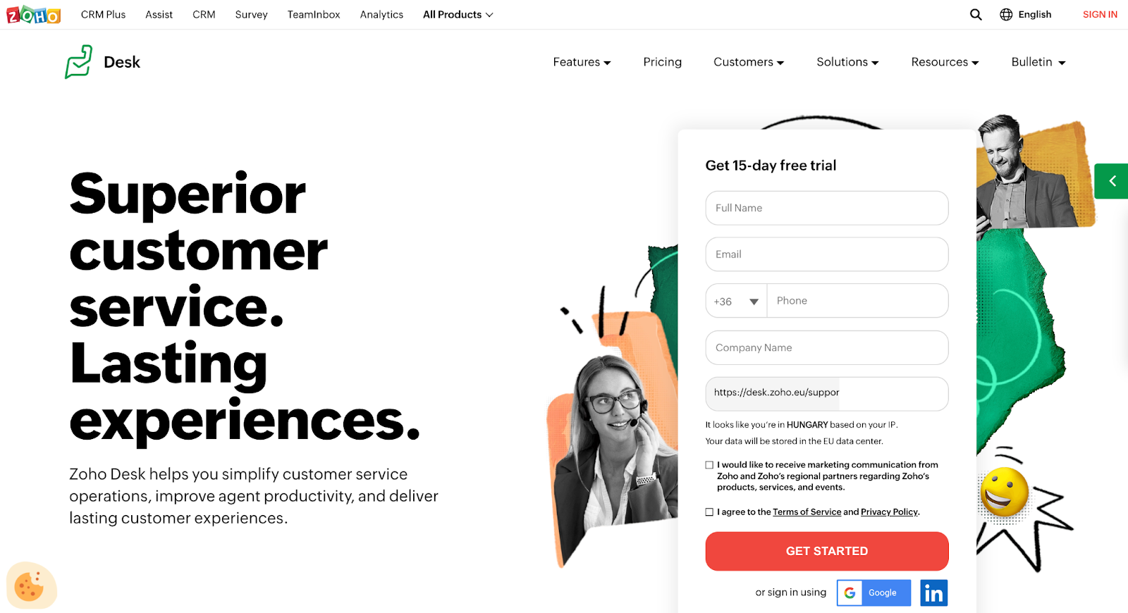 Raspored početne stranice Zoho Desk-a koji opisuje njegove funkcionalnosti