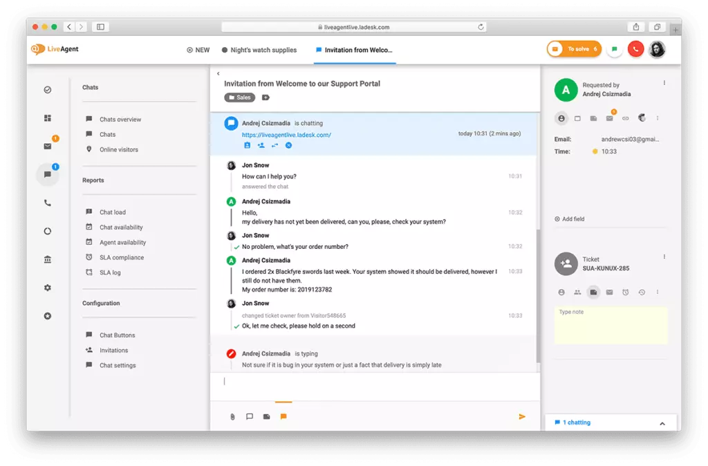 Pregled sučelja za live chat u LiveAgent-u.