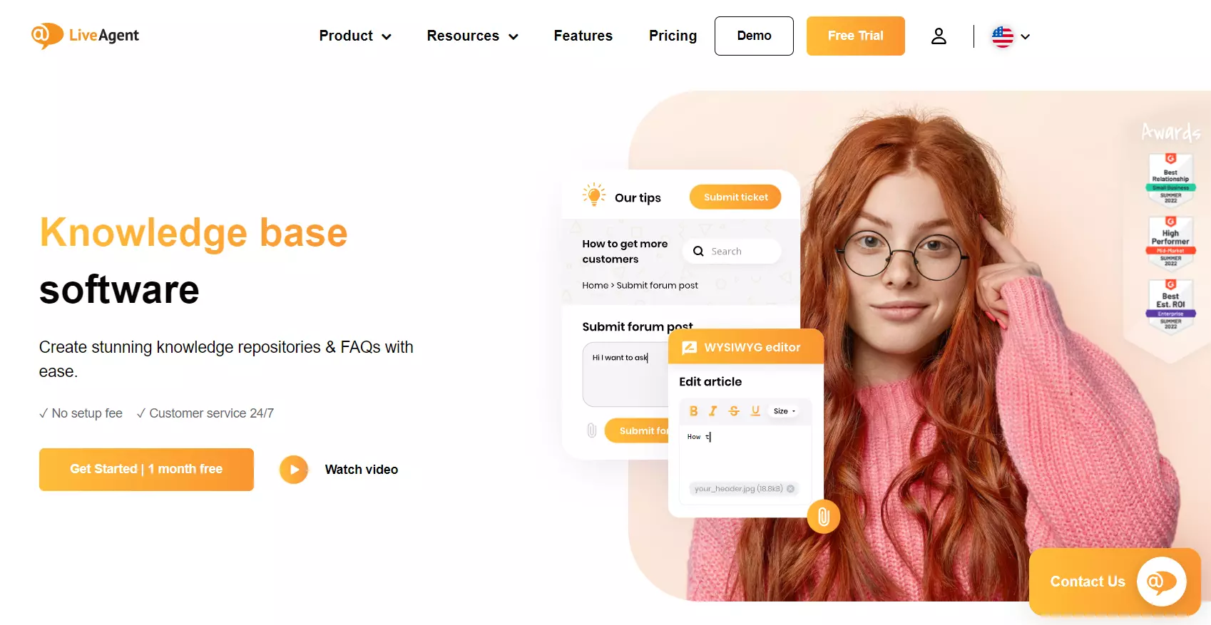 Privlačna početna stranica LiveAgent-a koja ističe njegov alat za bazu znanja