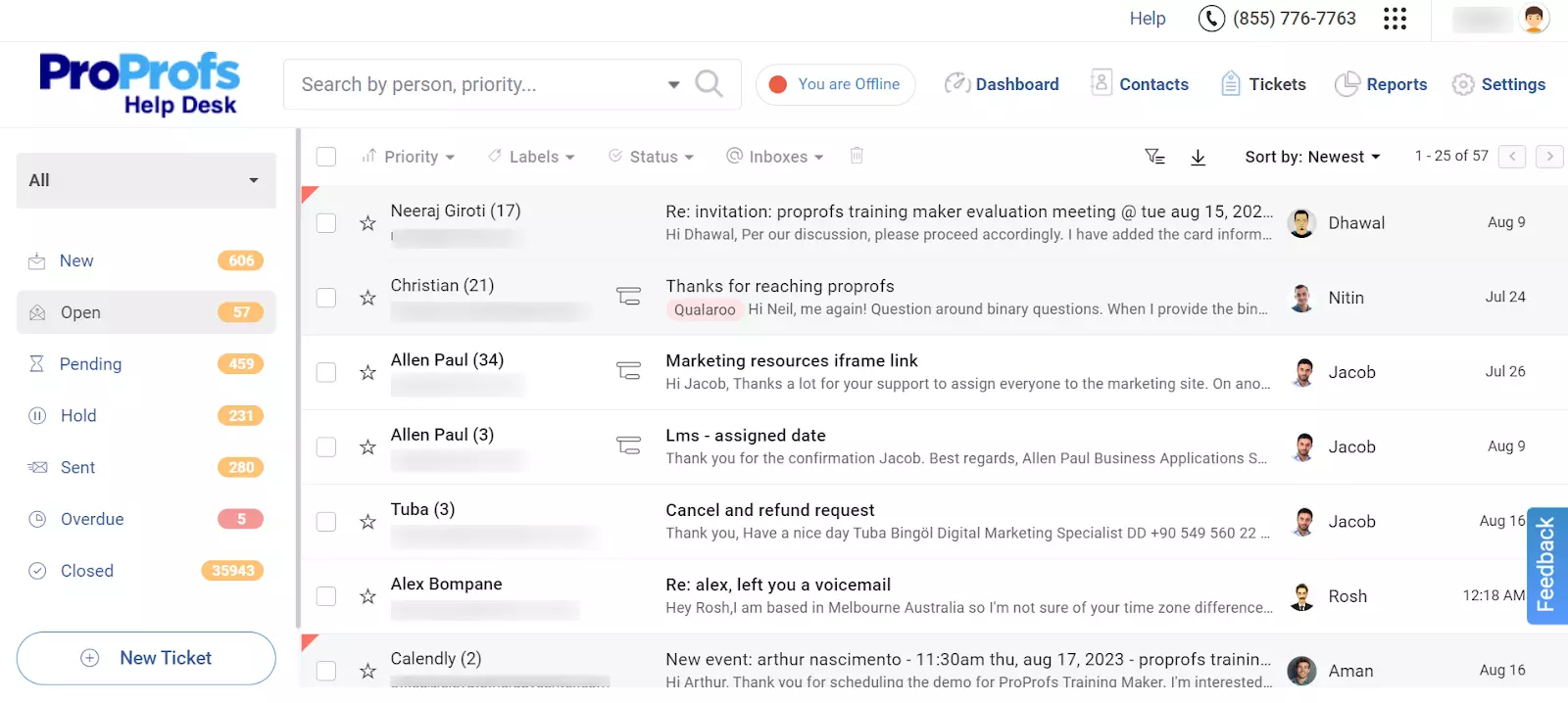 ProProfs Help Desk pregled otvorenih karata