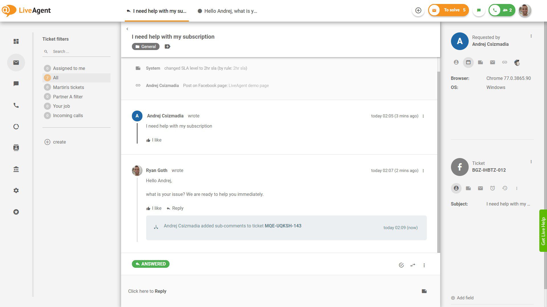 Facebook komentar - prikaz u LiveAgent