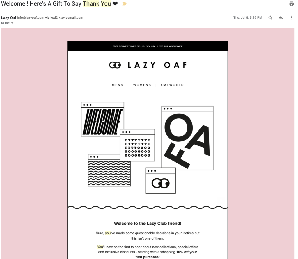 Lazy Oaf predložak email-a zahvale kupcima