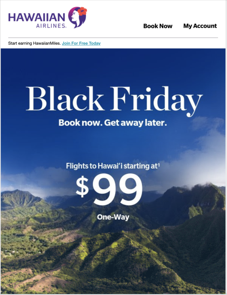 Hawaiian Airlines Black Friday email kampanja