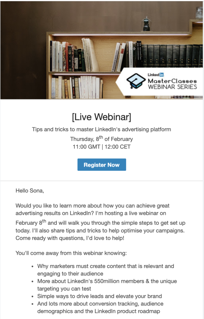 LinkedIn webinarski sneak peek email predložak