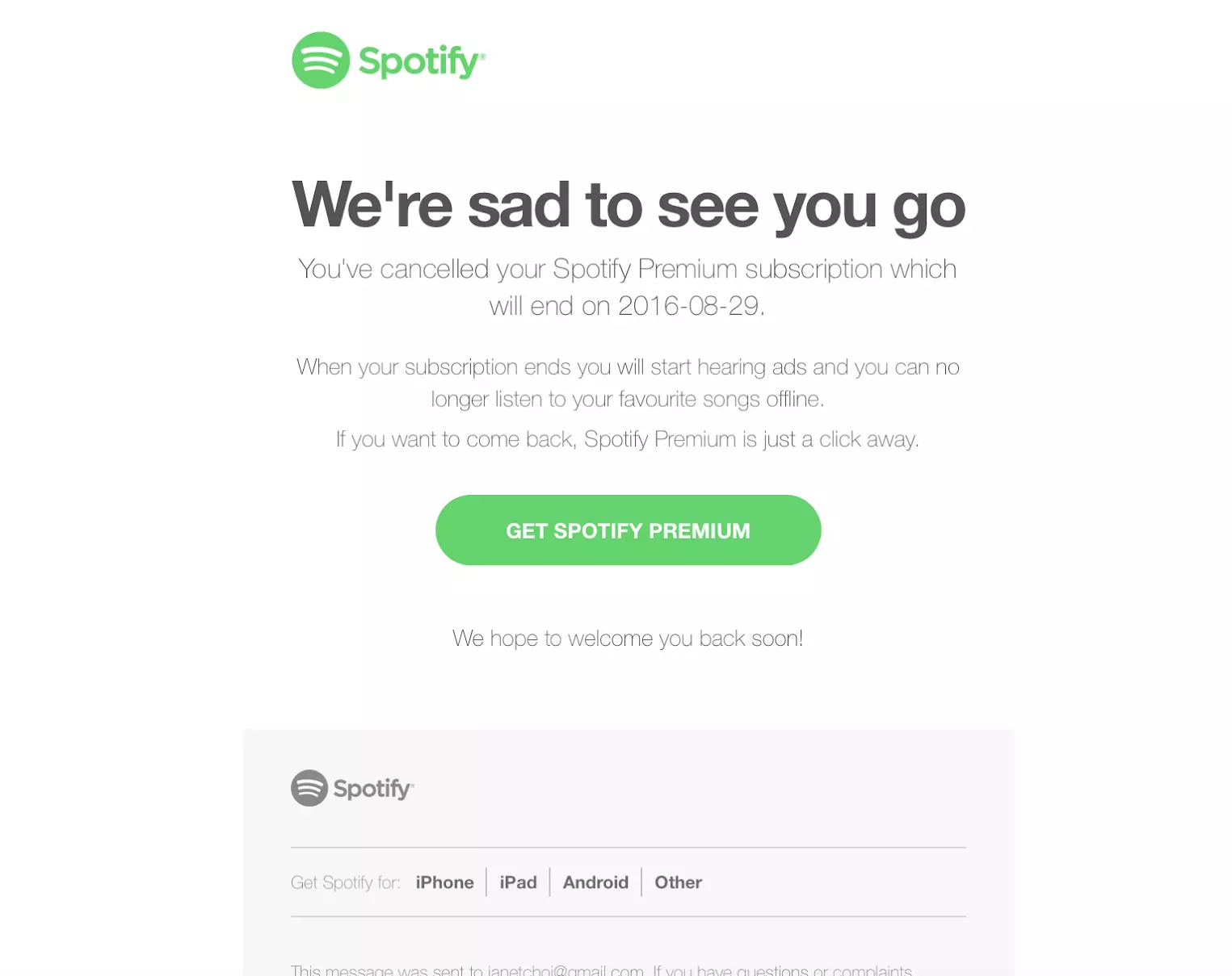 Primjer e-pošte otkazivanja Spotify