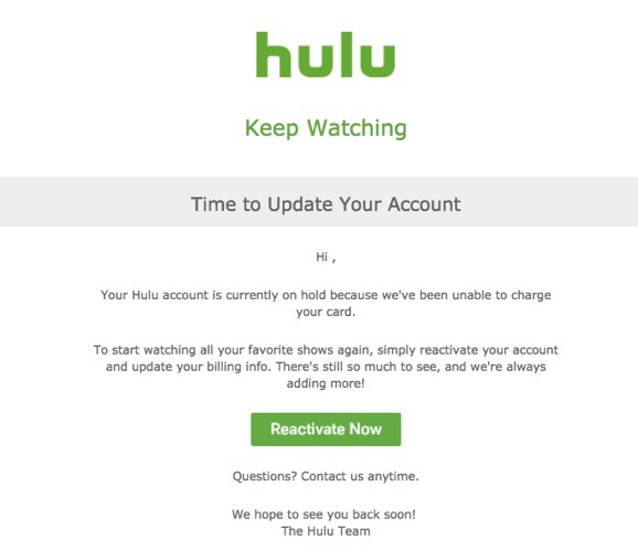 Primjer Hulu dunning e-poruke