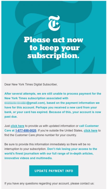 Primjer New York Times dunning e-poruke