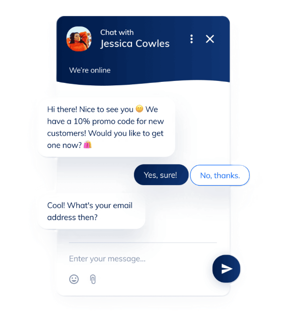 Live chat interfejs nudeći promo kod i tražeći email korisnika