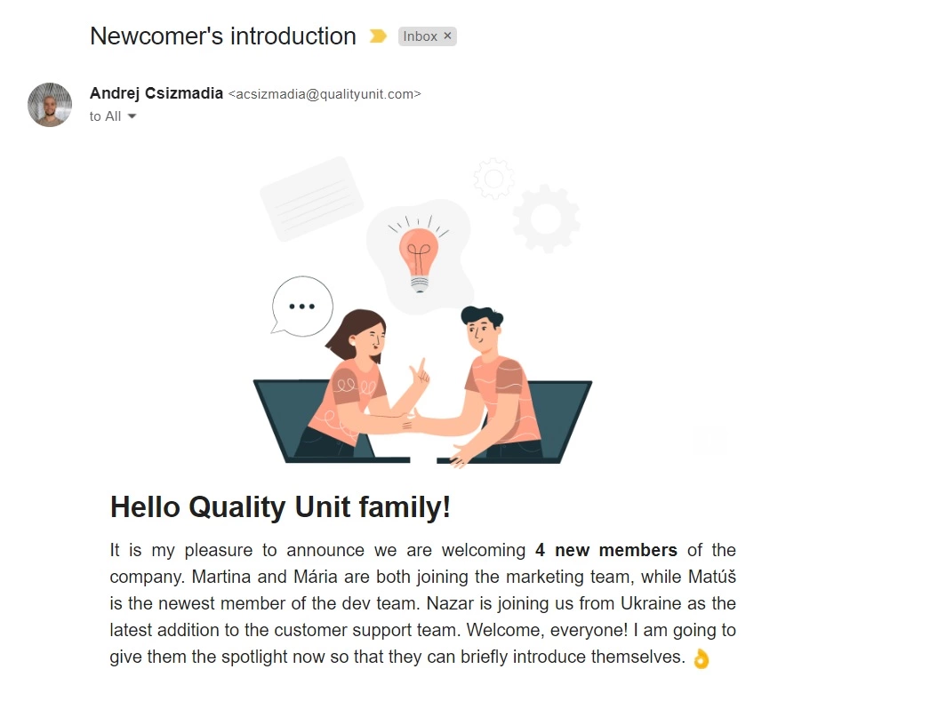 Email predstavljanja novog člana Quality Unit