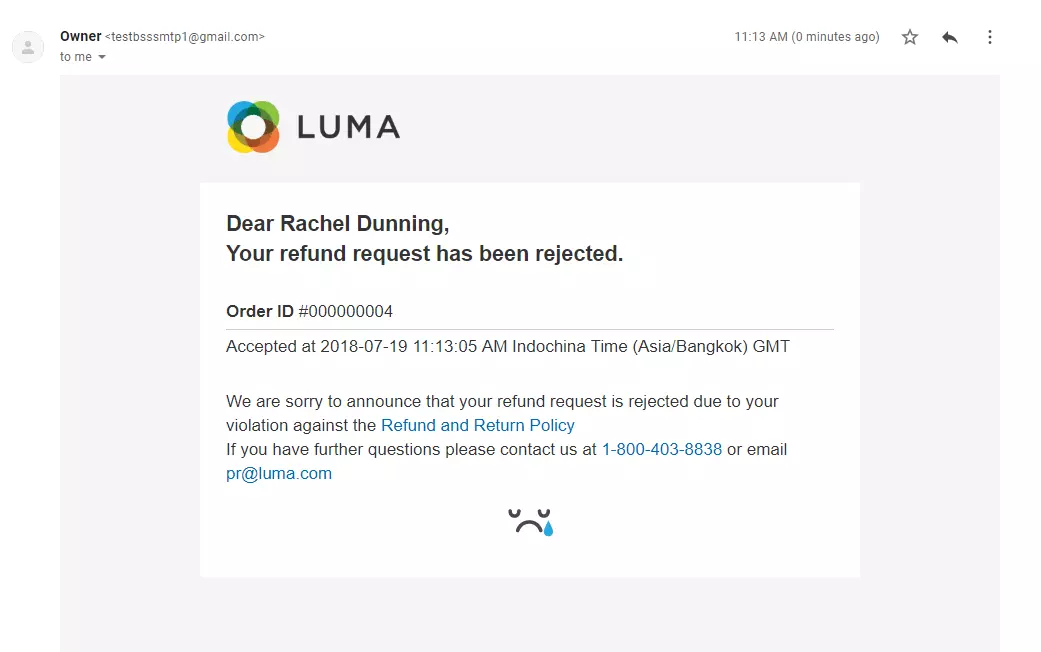 Primjer e-poruke o odbijanju zahtjeva za povrat