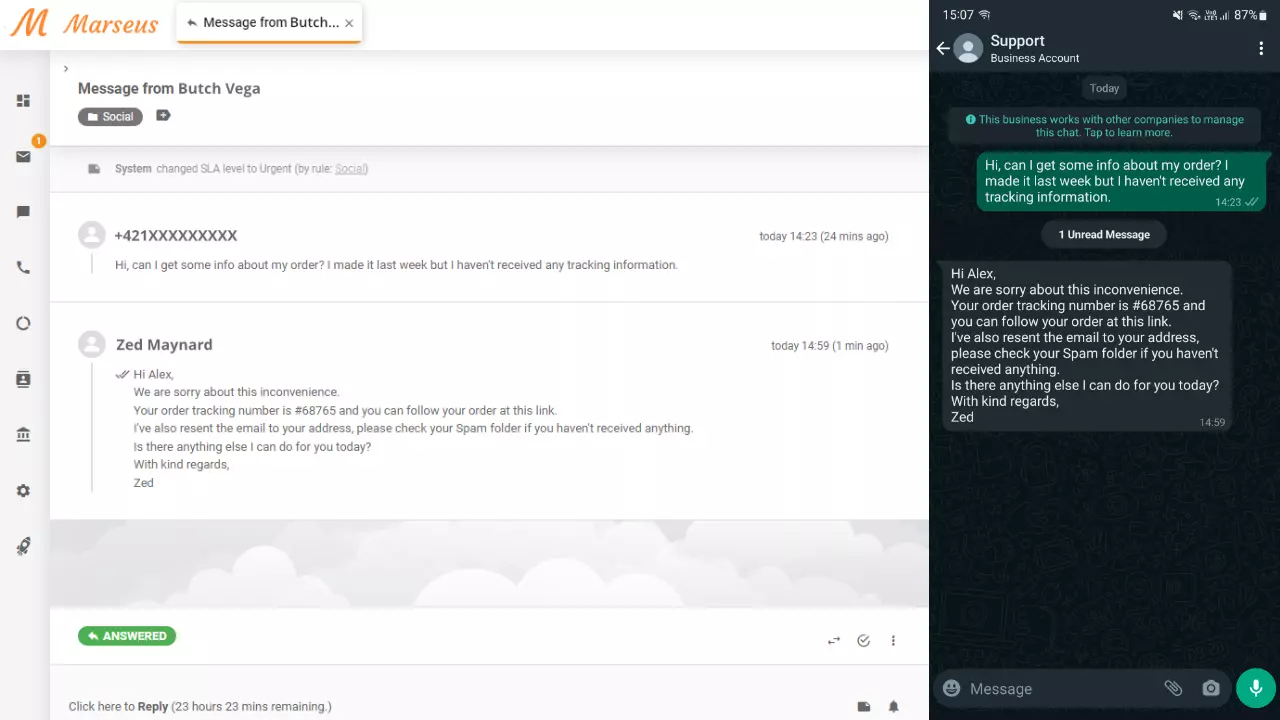 WhatsApp poruka prikazana kao kartica u LiveAgent-u