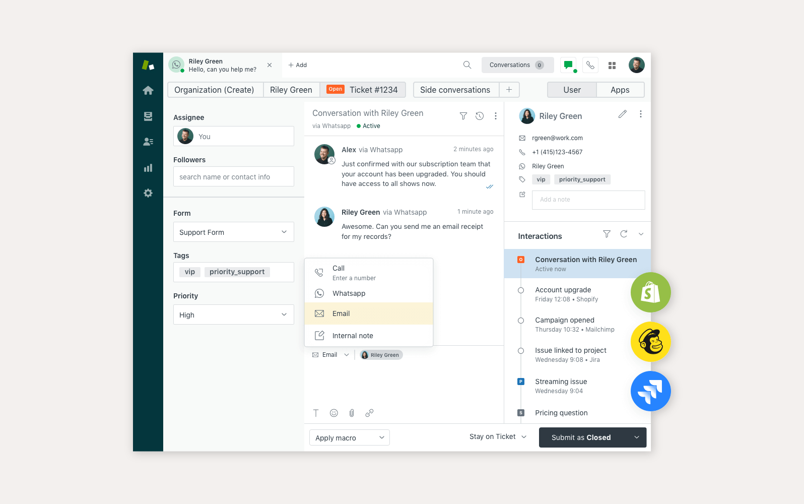 Sučelje Zendesk call centra