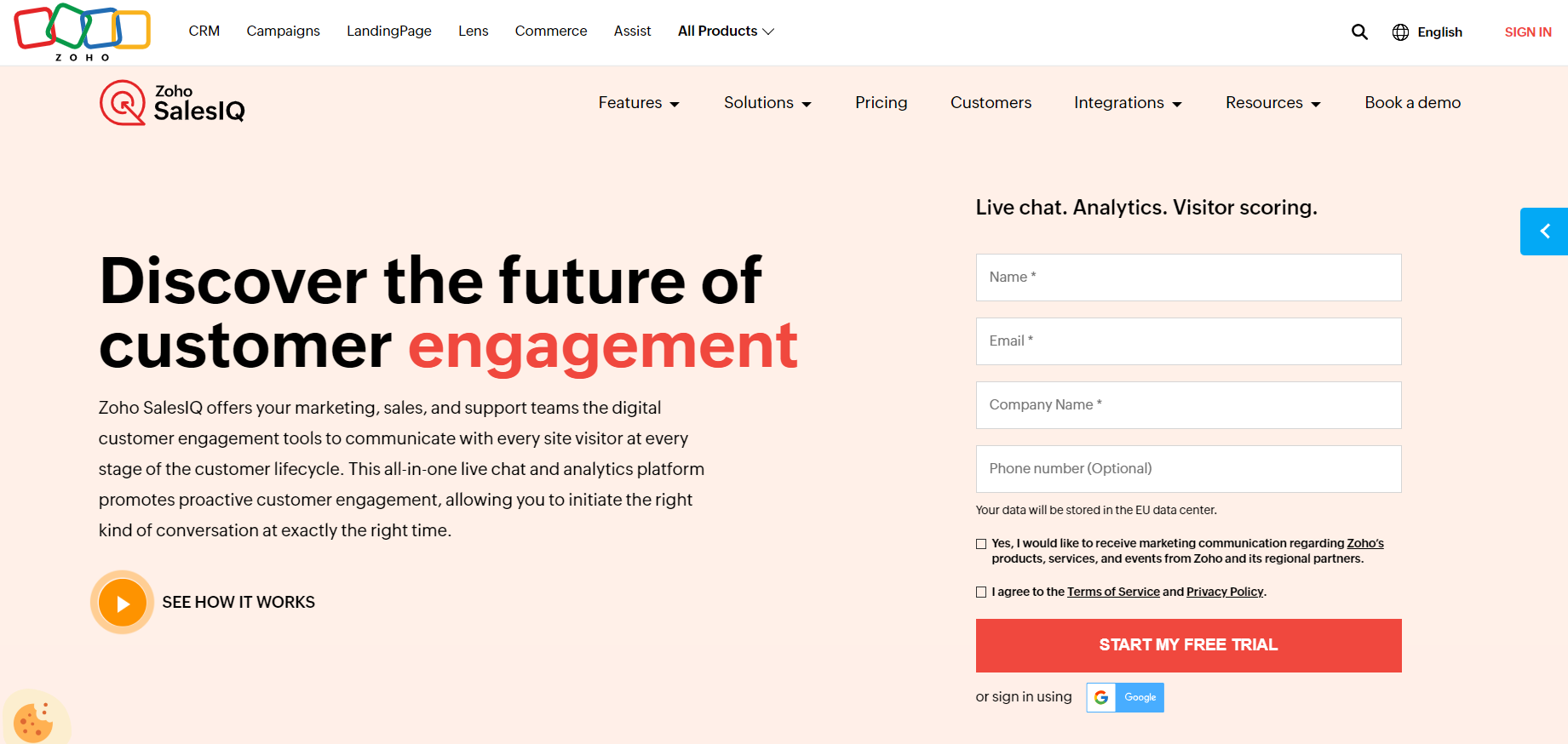 Početna stranica Zoho SalesIQ - softver za live chat u e-commerce-u za angažman kupaca